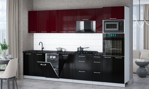 Изображение товара Кухонный гарнитур Интерлиния Мила Gloss 3.2-ПМ3 (черный глянец/бордовый глянец/кастилло темный)