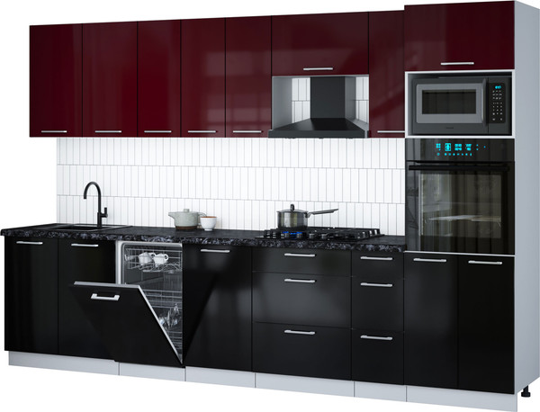 Изображение товара Кухонный гарнитур Интерлиния Мила Gloss 3.2-ПМ3 (черный глянец/бордовый глянец/кастилло темный)