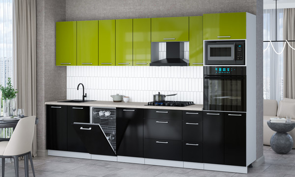 Изображение товара Кухонный гарнитур Интерлиния Мила Gloss 3.2-ПМ3 (черный глянец/яблоко глянец/травертин серый)