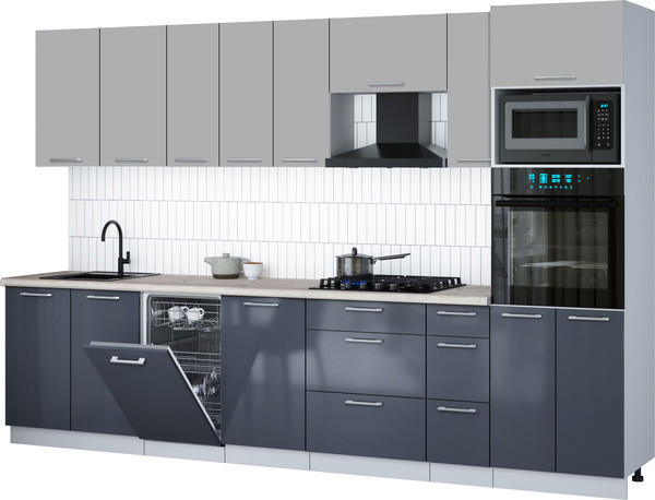 Изображение товара Кухонный гарнитур Интерлиния Мила Gloss 3.2-ПМ3 (асфальт глянец/грей/бискайская сосна)