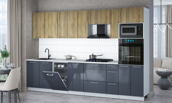 Изображение товара Кухонный гарнитур Интерлиния Мила Gloss 3.2-ПМ3 (асфальт глянец/дуб вотан/серый каспий)