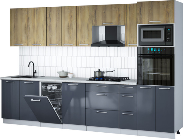 Изображение товара Кухонный гарнитур Интерлиния Мила Gloss 3.2-ПМ3 (асфальт глянец/дуб вотан/серый каспий)