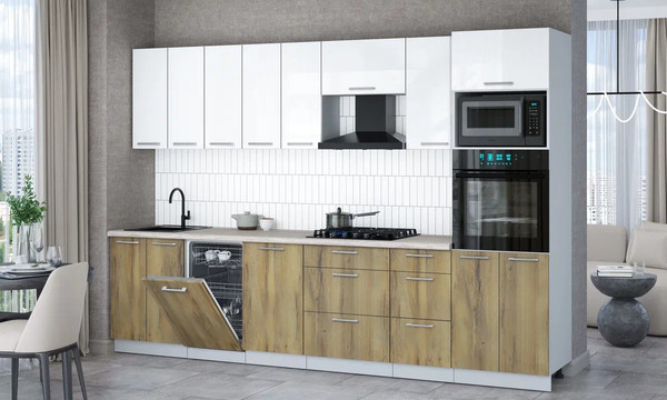 Изображение товара Кухонный гарнитур Интерлиния Мила Gloss 3.1-ПМ3 (дуб вотан/белый глянец/травертин серый)