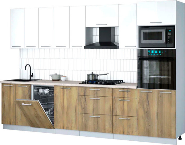 Изображение товара Кухонный гарнитур Интерлиния Мила Gloss 3.1-ПМ3 (дуб вотан/белый глянец/травертин серый)