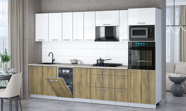 Изображение товара Кухонный гарнитур Интерлиния Мила Gloss 3.2-ПМ3 (дуб вотан/белый глянец/травертин серый)