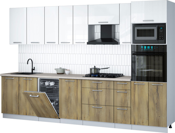 Изображение товара Кухонный гарнитур Интерлиния Мила Gloss 3.2-ПМ3 (дуб вотан/белый глянец/травертин серый)