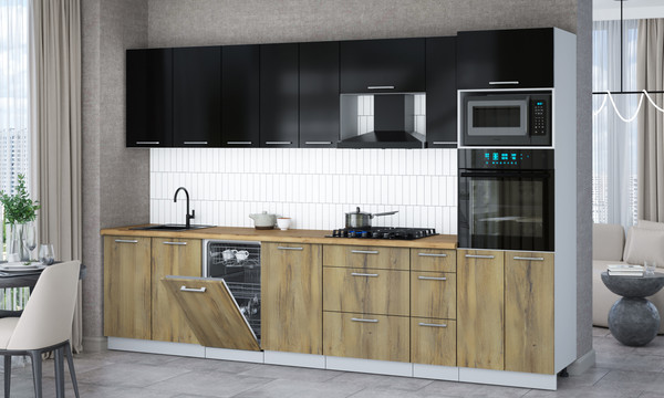 Изображение товара Кухонный гарнитур Интерлиния Мила Gloss 3.2-ПМ3 (дуб вотан/черный глянец/дуб бунратти)