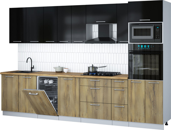 Изображение товара Кухонный гарнитур Интерлиния Мила Gloss 3.2-ПМ3 (дуб вотан/черный глянец/дуб бунратти)