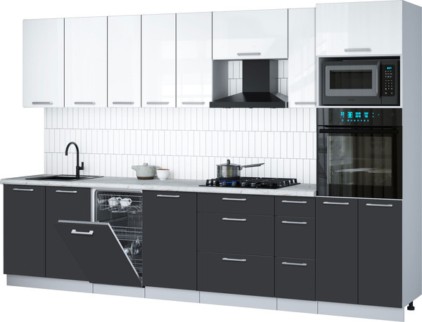 Изображение товара Кухонный гарнитур Интерлиния Мила Gloss 3.2-ПМ3 (пепел/белый глянец/серый каспий)