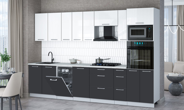 Изображение товара Кухонный гарнитур Интерлиния Мила Gloss 3.2-ПМ3 (пепел/белый глянец/серый каспий)