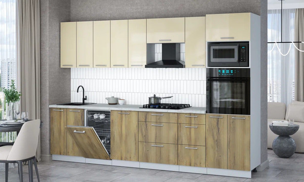 Изображение товара Кухонный гарнитур Интерлиния Мила Gloss 3.1-ПМ3 (дуб вотан/ваниль глянец/серый каспий)