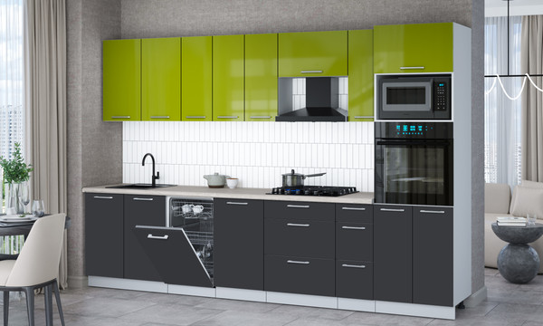 Изображение товара Кухонный гарнитур Интерлиния Мила Gloss 3.2-ПМ3 (пепел/яблоко глянец/травертин серый)