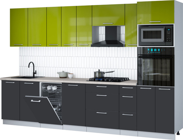 Изображение товара Кухонный гарнитур Интерлиния Мила Gloss 3.2-ПМ3 (пепел/яблоко глянец/травертин серый)