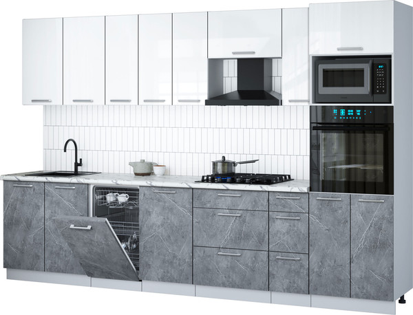 Изображение товара Кухонный гарнитур Интерлиния Мила Gloss 3.2-ПМ3 (керамика/белый глянец/белый гранит)