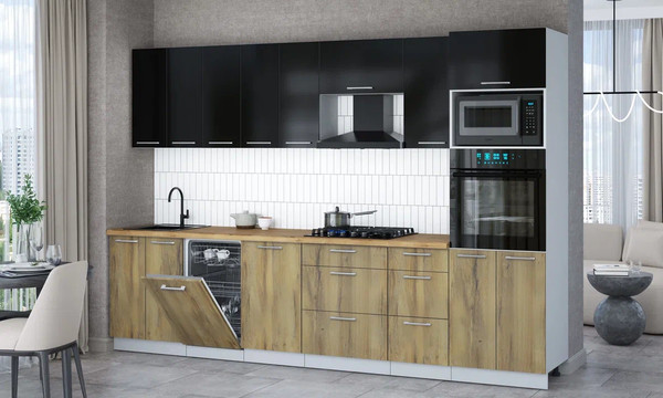 Изображение товара Кухонный гарнитур Интерлиния Мила Gloss 3.1-ПМ3 (дуб вотан/черный глянец/дуб бунратти)