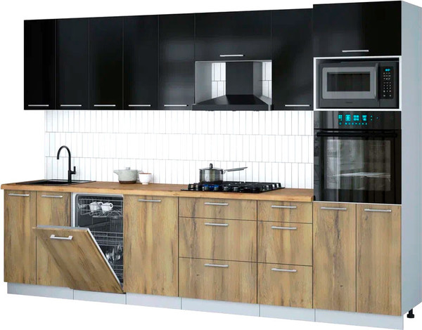 Изображение товара Кухонный гарнитур Интерлиния Мила Gloss 3.1-ПМ3 (дуб вотан/черный глянец/дуб бунратти)