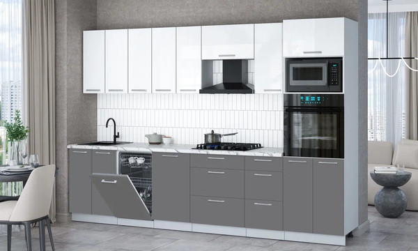 Изображение товара Кухонный гарнитур Интерлиния Мила Gloss 3.1-ПМ3 (серый/белый глянец/белый гранит)