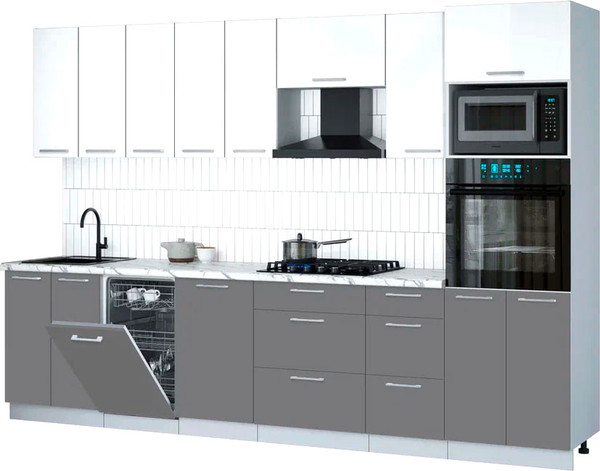 Изображение товара Кухонный гарнитур Интерлиния Мила Gloss 3.1-ПМ3 (серый/белый глянец/белый гранит)