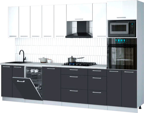 Изображение товара Кухонный гарнитур Интерлиния Мила Gloss 3.1-ПМ3 (пепел/белый глянец/серый каспий)