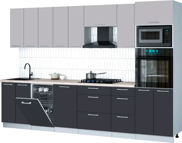 Изображение товара Кухонный гарнитур Интерлиния Мила Gloss 3.1-ПМ3 (пепел/грей/травертин серый)