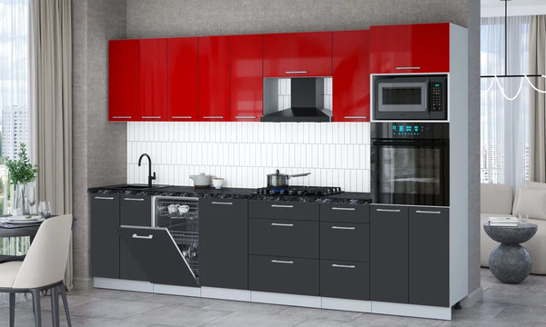 Изображение товара Кухонный гарнитур Интерлиния Мила Gloss 3.1-ПМ3 (пепел/красный глянец/кастилло темный)