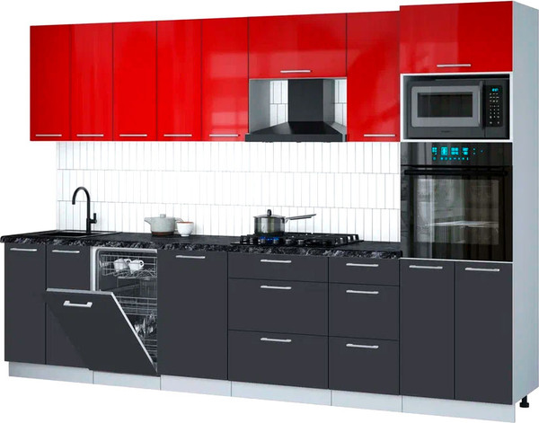Изображение товара Кухонный гарнитур Интерлиния Мила Gloss 3.1-ПМ3 (пепел/красный глянец/кастилло темный)