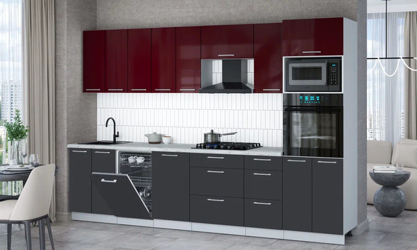 Изображение товара Кухонный гарнитур Интерлиния Мила Gloss 3.1-ПМ3 (пепел/бордовый глянец/серый каспий)