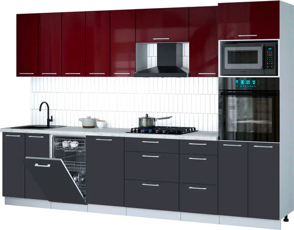 Изображение товара Кухонный гарнитур Интерлиния Мила Gloss 3.1-ПМ3 (пепел/бордовый глянец/серый каспий)