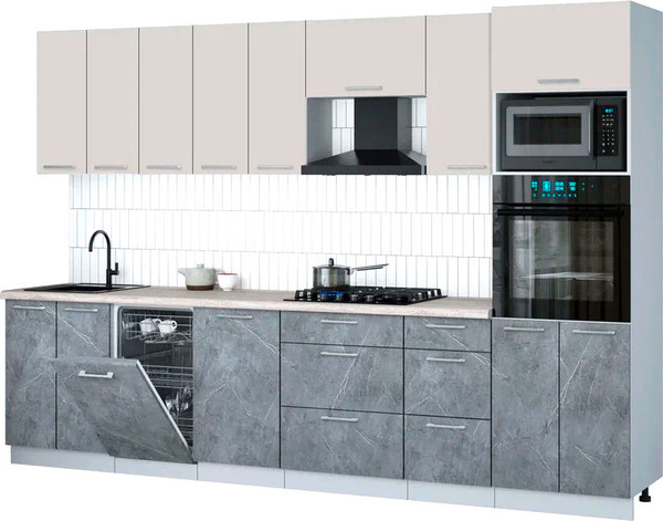 Изображение товара Кухонный гарнитур Интерлиния Мила Gloss 3.1-ПМ3 (керамика/кашемир/травертин серый)