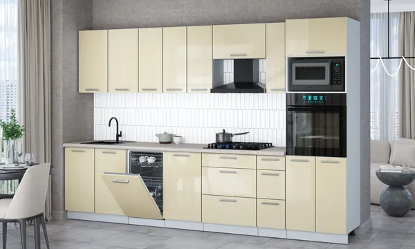 Изображение товара Кухонный гарнитур Interline Мила Gloss 3.2-ПМ3 (ваниль глянец/ваниль глянец/травертин серый)