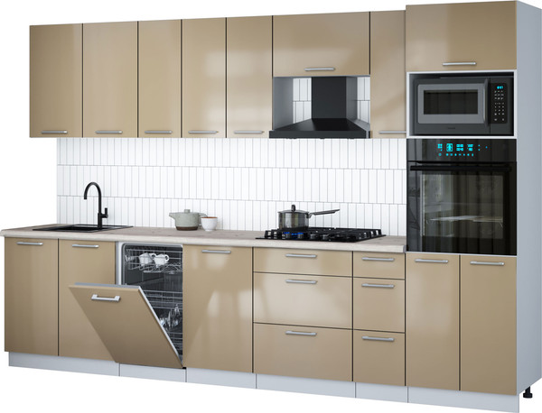 Изображение товара Кухонный гарнитур Интерлиния Мила Gloss 3.2-ПМ3 (капучино глянец/капучино глянец/бискайская сосна)