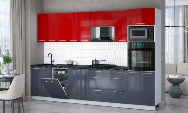 Изображение товара Кухонный гарнитур Интерлиния Мила Gloss 3.1-ПМ3 (асфальт глянец/красный глянец/кастилло темный)