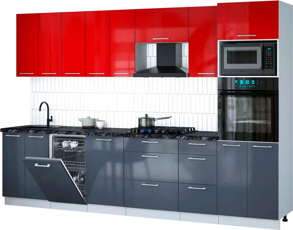 Изображение товара Кухонный гарнитур Интерлиния Мила Gloss 3.1-ПМ3 (асфальт глянец/красный глянец/кастилло темный)