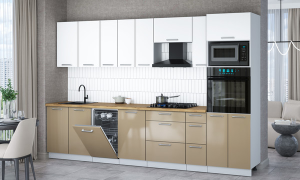 Изображение товара Кухонный гарнитур Интерлиния Мила Gloss 3.2-ПМ3 (капучино глянец/белый/дуб бунратти)