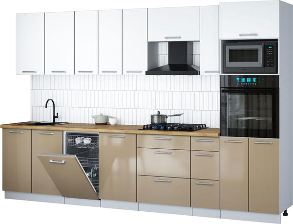 Изображение товара Кухонный гарнитур Интерлиния Мила Gloss 3.2-ПМ3 (капучино глянец/белый/дуб бунратти)