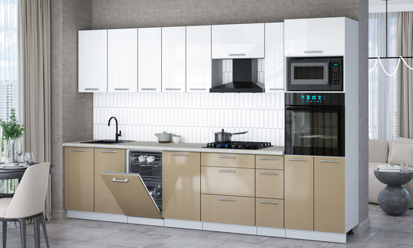 Изображение товара Кухонный гарнитур Интерлиния Мила Gloss 3.2-ПМ3 (капучино глянец/белый глянец/опал светлый)