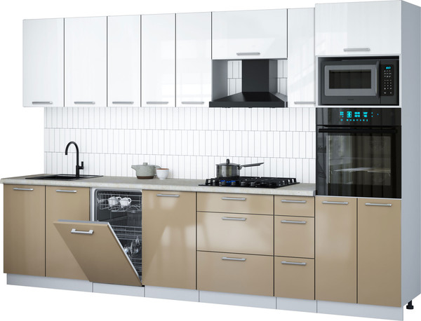 Изображение товара Кухонный гарнитур Интерлиния Мила Gloss 3.2-ПМ3 (капучино глянец/белый глянец/опал светлый)