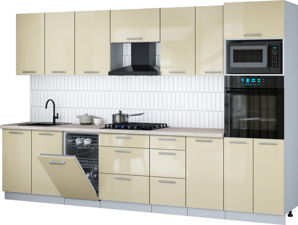 Изображение товара Кухонный гарнитур Интерлиния Мила Gloss 3.25-ПМ3 (ваниль глянец/ваниль глянец/травертин серый)