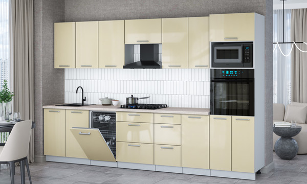 Изображение товара Кухонный гарнитур Интерлиния Мила Gloss 3.25-ПМ3 (ваниль глянец/ваниль глянец/травертин серый)