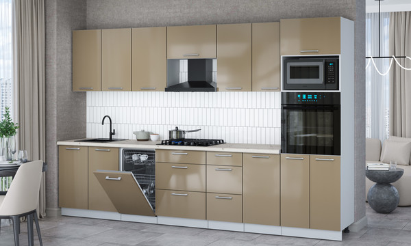 Изображение товара Кухонный гарнитур Интерлиния Мила Gloss 3.25-ПМ3 (капучино глянец/капучино глянец/бискайская сосна)