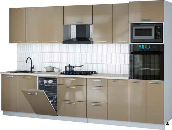 Изображение товара Кухонный гарнитур Интерлиния Мила Gloss 3.25-ПМ3 (капучино глянец/капучино глянец/бискайская сосна)