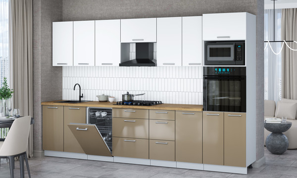 Изображение товара Кухонный гарнитур Интерлиния Мила Gloss 3.25-ПМ3 (капучино глянец/белый/дуб бунратти)