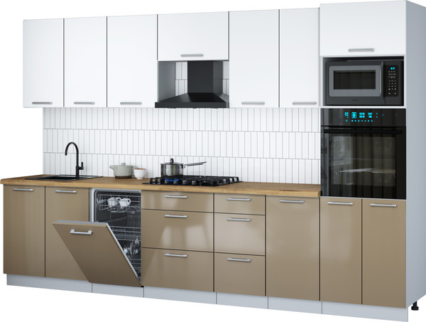 Изображение товара Кухонный гарнитур Интерлиния Мила Gloss 3.25-ПМ3 (капучино глянец/белый/дуб бунратти)