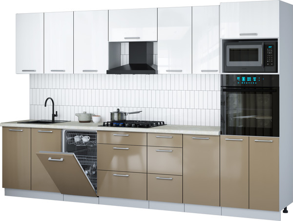 Изображение товара Кухонный гарнитур Интерлиния Мила Gloss 3.25-ПМ3 (капучино глянец/белый глянец/опал светлый)