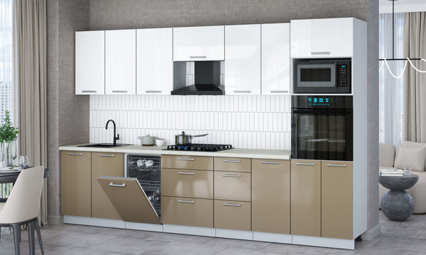 Изображение товара Кухонный гарнитур Интерлиния Мила Gloss 3.25-ПМ3 (капучино глянец/белый глянец/опал светлый)