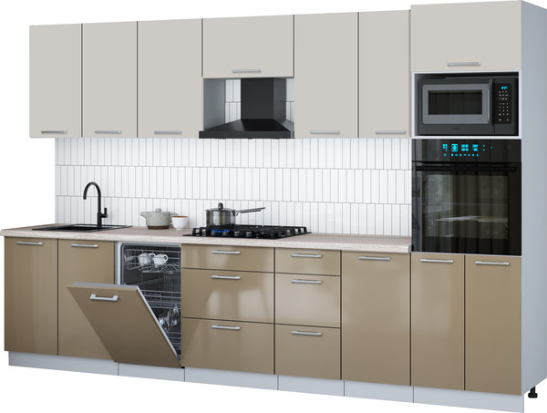 Изображение товара Кухонный гарнитур Интерлиния Мила Gloss 3.25-ПМ3 (капучино глянец/кашемир/травертин серый)