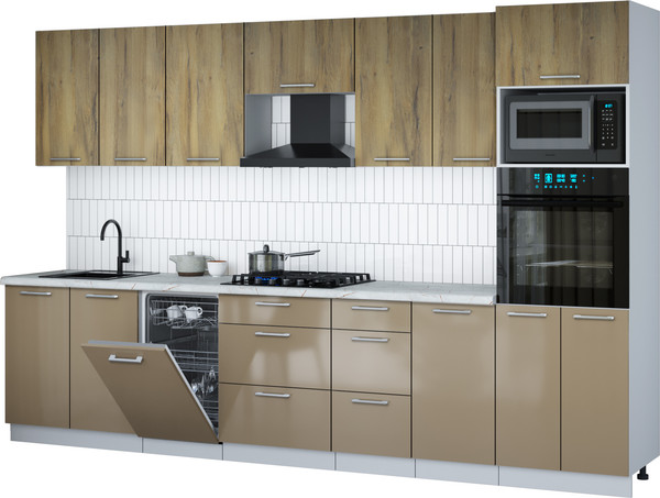 Изображение товара Кухонный гарнитур Интерлиния Мила Gloss 3.25-ПМ3 (капучино глянец/дуб вотан/серый каспий)