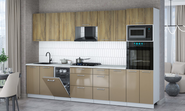 Изображение товара Кухонный гарнитур Интерлиния Мила Gloss 3.25-ПМ3 (капучино глянец/дуб вотан/серый каспий)