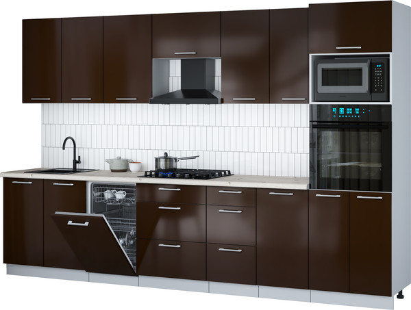 Изображение товара Кухонный гарнитур Интерлиния Мила Gloss 3.25-ПМ3 (шоколад глянец/шоколад глянец/бискайская сосна)
