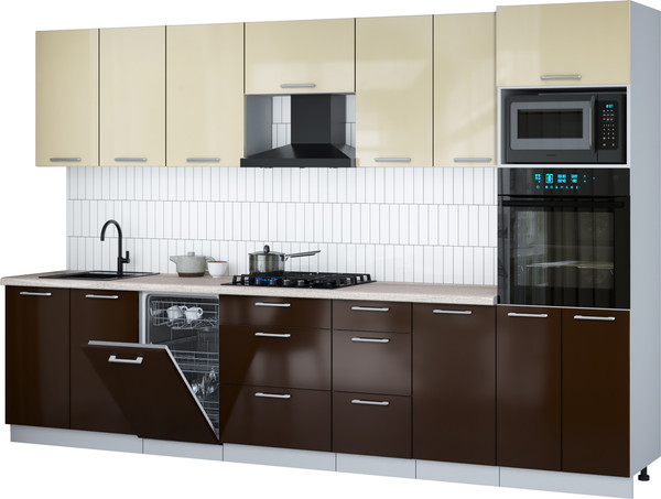 Изображение товара Кухонный гарнитур Интерлиния Мила Gloss 3.25-ПМ3 (шоколад глянец/ваниль глянец/травертин серый)